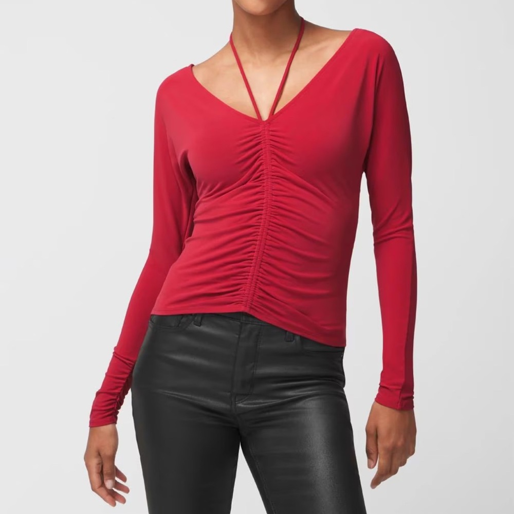 White House Black Market Red Ruched V-Neck Blouse small